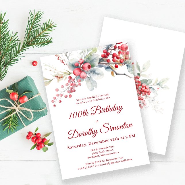 Invitación Elegante invierno Berry Botánico 100 cumpleaños (Subido por el creador)