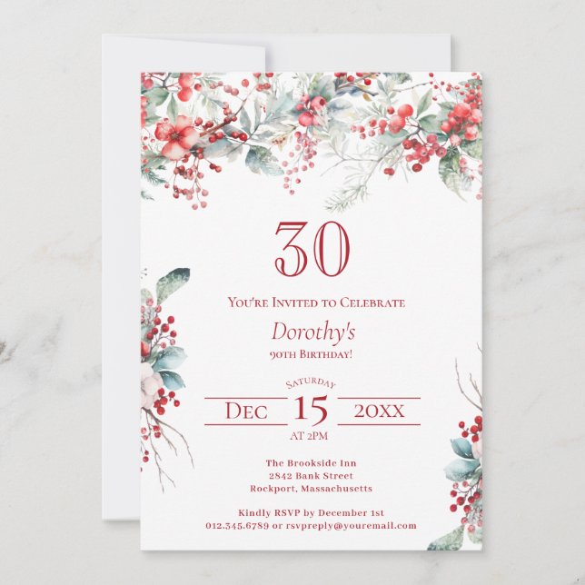 Invitación Elegante invierno Berry Botánico 30 cumpleaños (Anverso)