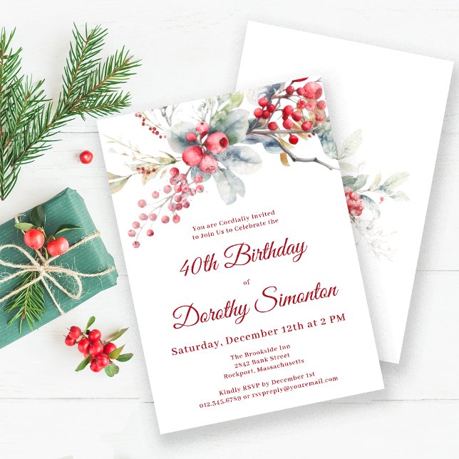 Invitación Elegante invierno Berry Botánico 40 cumpleaños (Subido por el creador)