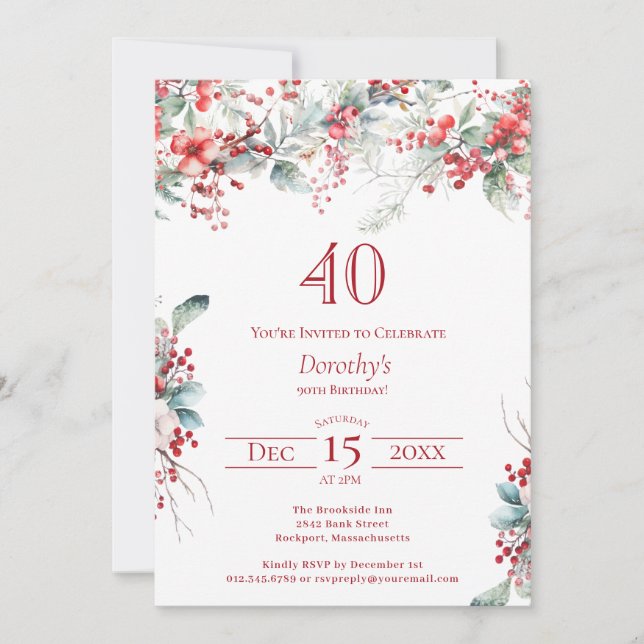 Invitación Elegante invierno Berry Botánico 40 cumpleaños (Anverso)