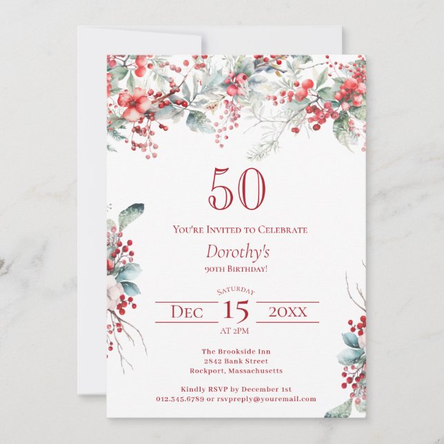 Invitación Elegante invierno Berry Botánico 50 cumpleaños (Anverso)