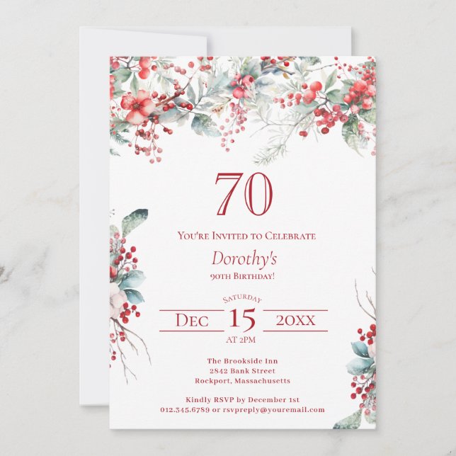 Invitación Elegante invierno Berry Botánico 70 cumpleaños (Anverso)