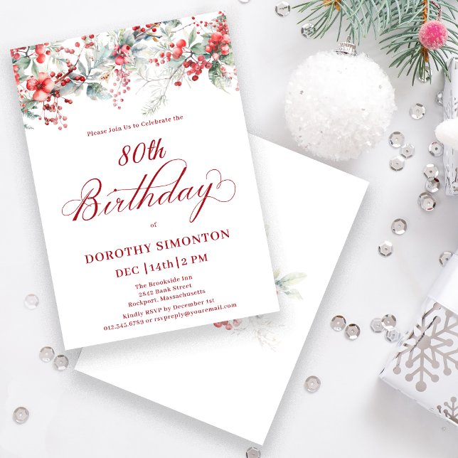 Invitación Elegante invierno Berry Botánico 80 cumpleaños (Subido por el creador)