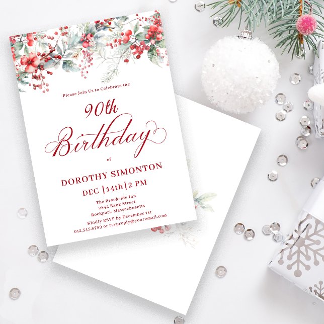 Invitación Elegante invierno Berry Botánico 90 cumpleaños (Subido por el creador)