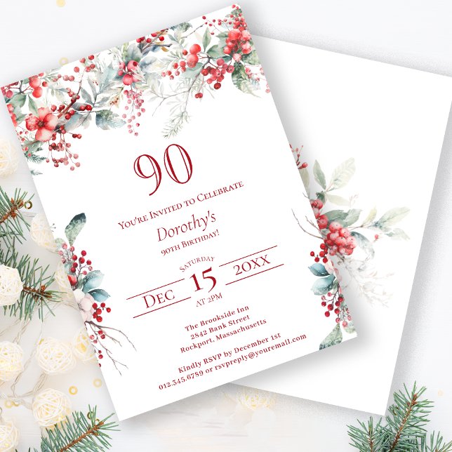 Invitación Elegante invierno Berry Botánico 90 cumpleaños (Subido por el creador)