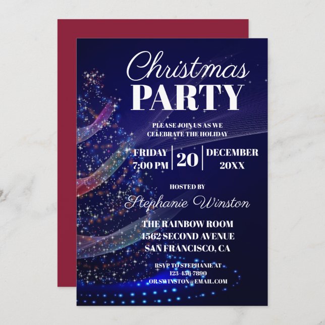 Invitación Elegante invierno Blue Christmas Tree Lights (Anverso / Reverso)