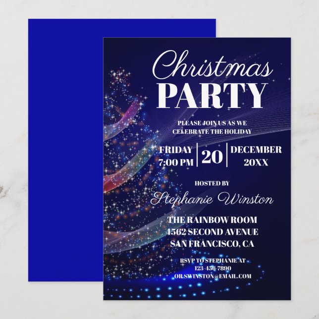 Invitación Elegante invierno Blue Christmas Tree Lights (Anverso / Reverso)