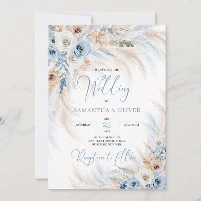 Invitación Elegante invierno boho polvoriento azul y marfil f (Anverso)
