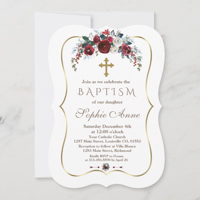 Invitación Elegante invierno Borgoña Floral Pino Oro Baptismo (Anverso)