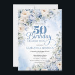 Invitación Elegante invierno con flores azules y marfileñas<br><div class="desc">Boho Elegant Winter Dusty Blue and Ivory Flowers Invitation a los 50 años Este impresionante diseño floral de color azul boho de moda presenta una hidrato azul polvorienta de invierno pintada a mano con flores azules mezcladas con flores azules claras y rosas crema, flores blancas y un moderno y moderno...</div>