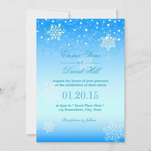 Invitación Elegante invierno congelado copos de nieve Boda az (Anverso)