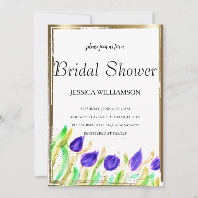 Invitación Elegante invierno de ducha de novia dorada en flor (Anverso)