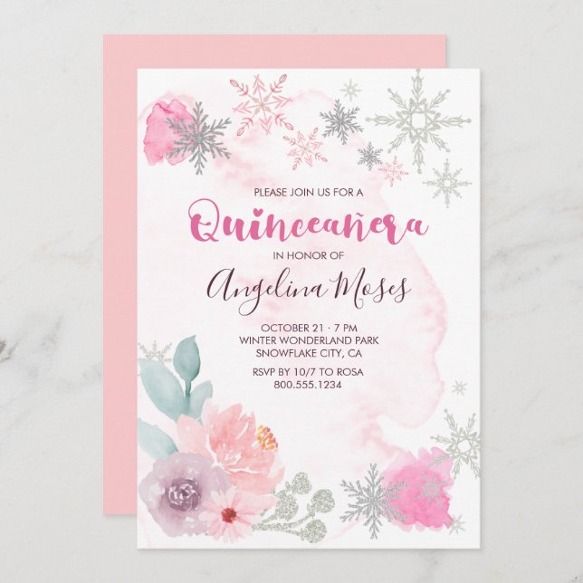 Invitación Elegante invierno de plata rosa Wonderland Quincea (Anverso / Reverso)