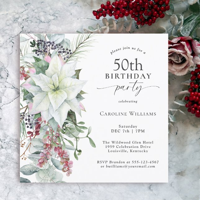 Invitación Elegante invierno de Poinsettia floral 50 cumpleañ (Available in both printed and instant download digital formats.)