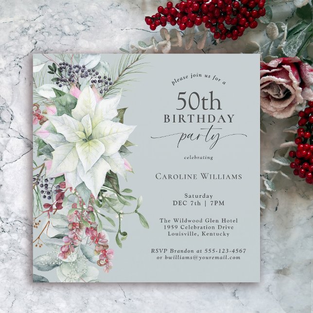 Invitación Elegante invierno de Poinsettia floral 50 cumpleañ (Available in both printed and instant download digital format.)
