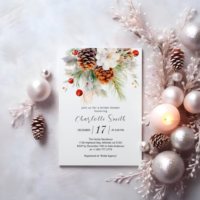 Invitación Elegante invierno Evergreen & Rowan Bridal Shower (Elegant Winter Evergreen & Rowan Bridal Shower Invitation)