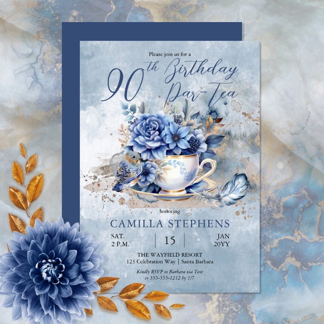 Invitación Elegante invierno Floral Teacup 90 cumpleaños Par- (Create a magical birthday celebration with this beautiful blue winter floral teacup and bird design.)