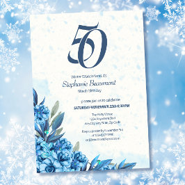 Invitación Elegante invierno Flores blancas azules 50 cumplea