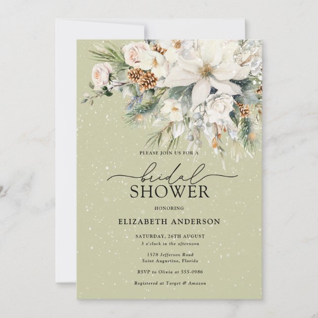 Invitación Elegante invierno Flores Blancas Modernas Ducha Br (Anverso)