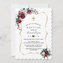 Invitación Elegante invierno Flores de Borgoña Bautismo de Pi