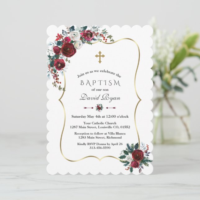 Invitación Elegante invierno Flores de Borgoña Bautismo de Pi (Anverso de pie)