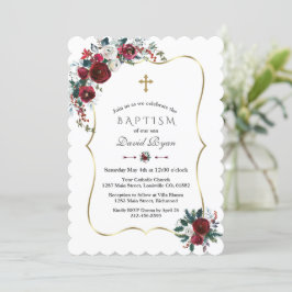 Invitación Elegante invierno Flores de Borgoña Bautismo de Pi