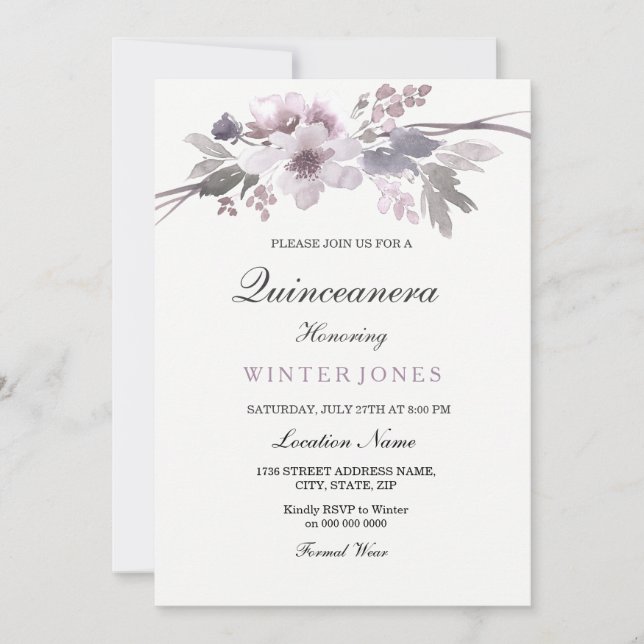 Invitación Elegante invierno morado Floral Quinceanera Invite (Anverso)