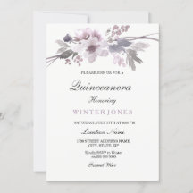 Elegante invierno morado Floral Quinceanera Invite