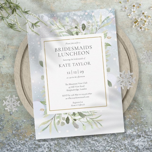 Invitación Elegante invierno Nieve verde Bridesmaids Luncheon (Elegant Winter Snow Greenery Bridesmaids Luncheon Invitation)