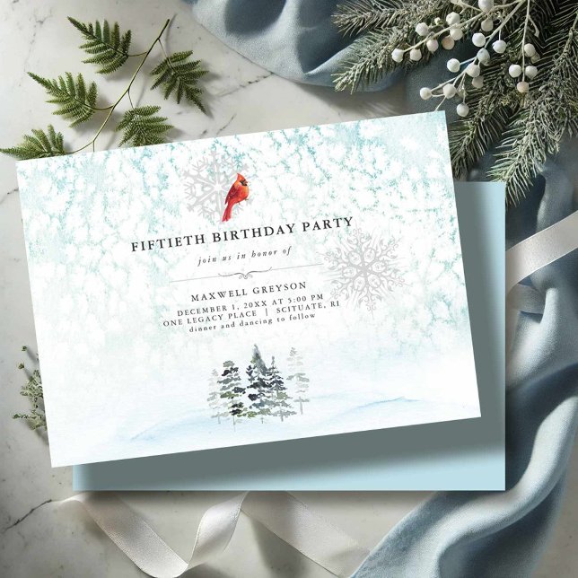 Invitación Elegante invierno Pines Watercolor Birthday Invita (50th Birthday invitations winter wonderland pine trees, cardinal and snow)