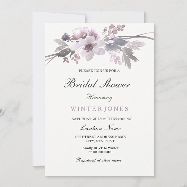 Invitación Elegante invierno púrpura Floral Bridal Shower Inv (Anverso)