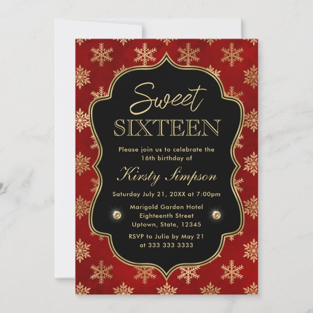Invitación Elegante invierno rojo y dorado copos de nieve dul (Anverso)