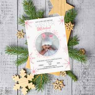 Invitación Elegante invierno rosa onederland 1er cumpleaños f