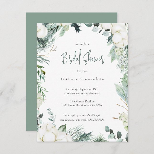 Invitación Elegante invierno verde algodón Eucalyptus Bridal (Anverso / Reverso)
