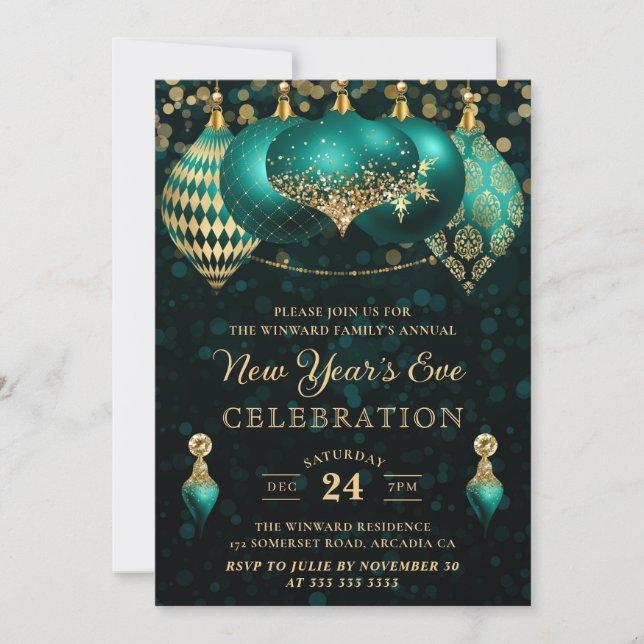Invitación Elegante invierno Verde azulado y dorado baubles v (Anverso)