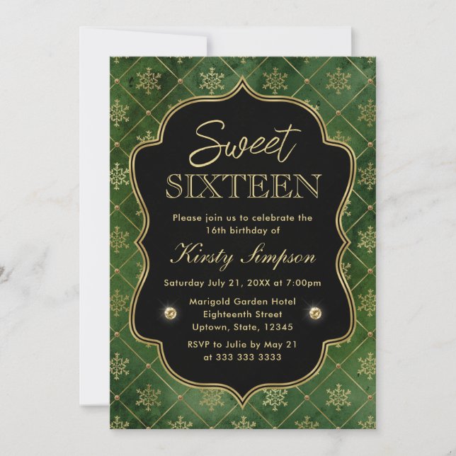 Invitación Elegante invierno verde y dorado copos de nieve du (Anverso)