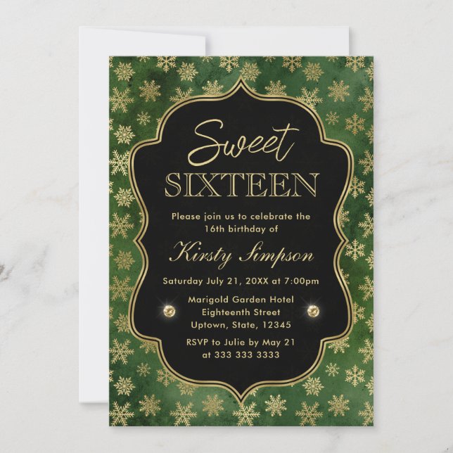 Invitación Elegante invierno verde y dorado copos de nieve du (Anverso)