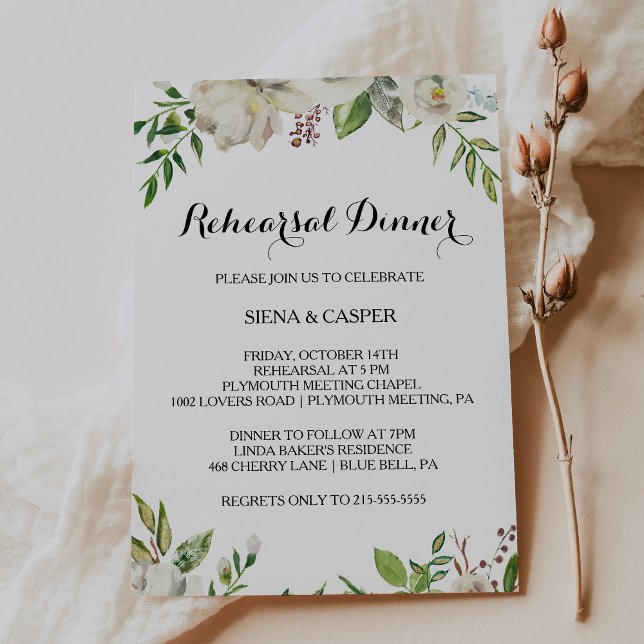 Invitación Elegante invierno White Peony Ensayo Cena (Subido por el creador)