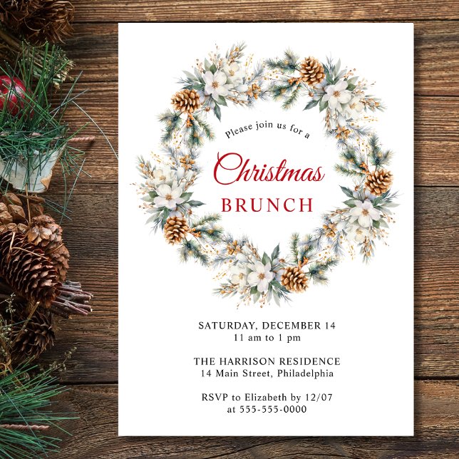 Invitación Elegante invierno Wreath Watercolor Navidad Brunch (Subido por el creador)