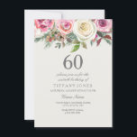 Invitación Elegante invita de cumpleaños 60 de Flora de Rosa<br><div class="desc">Elegante Floral rosa blanca 60 cumpleaños Invite a un hermoso y elegante diseño de acuarela floral Personalizable completo / personalizado</div>