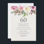 Invitación Elegante invita de cumpleaños 60 de Flora de Rosa<br><div class="desc">Elegante Floral rosa blanca 60 cumpleaños Invite a un hermoso y elegante diseño de acuarela floral Personalizable completo / personalizado</div>