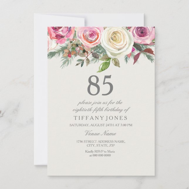 Invitación Elegante invita de cumpleaños 85º Floral de rosa b (Anverso)
