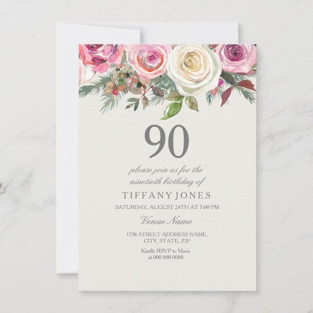 Invitación Elegante invita de cumpleaños 90 de Floral de rosa (Anverso)