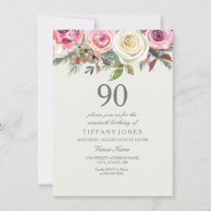 Invitación Elegante invita de cumpleaños 90 de Floral de rosa