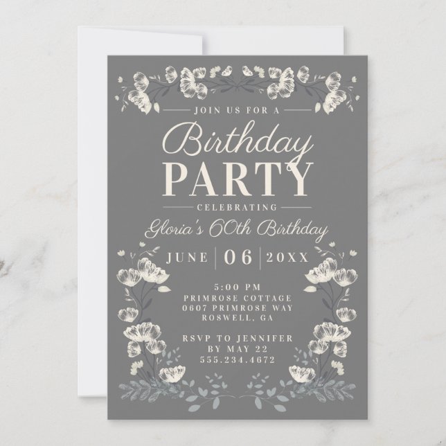 Invitación Elegante invita de cumpleaños con flores grises y  (Anverso)