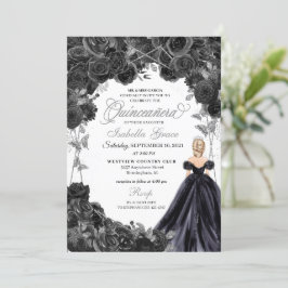 Invitación Elegante Invita de Quinceanera floral negro y plat