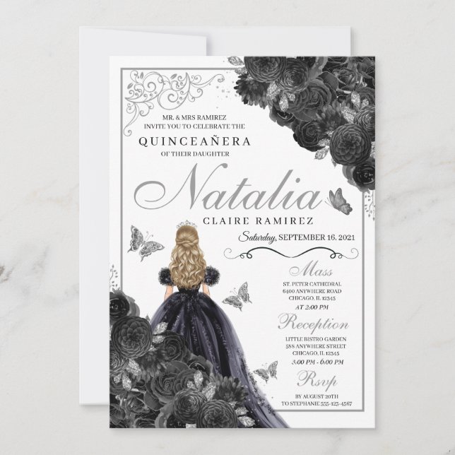 Invitación Elegante Invita de Quinceanera floral negro y plat (Anverso)