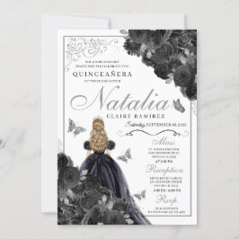 Invitación Elegante Invita de Quinceanera floral negro y plat
