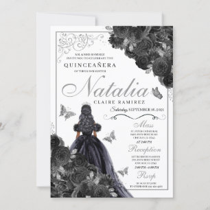 Invitación Elegante Invita de Quinceanera floral negro y plat
