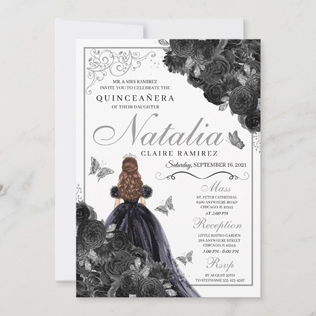 Invitación Elegante Invita de Quinceanera floral negro y plat (Anverso)